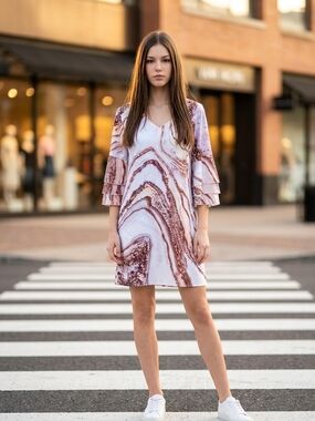 Women’s Summer V Neck Brown Marveling 3/4 Sleeve Midi Dress/Coverup Size M